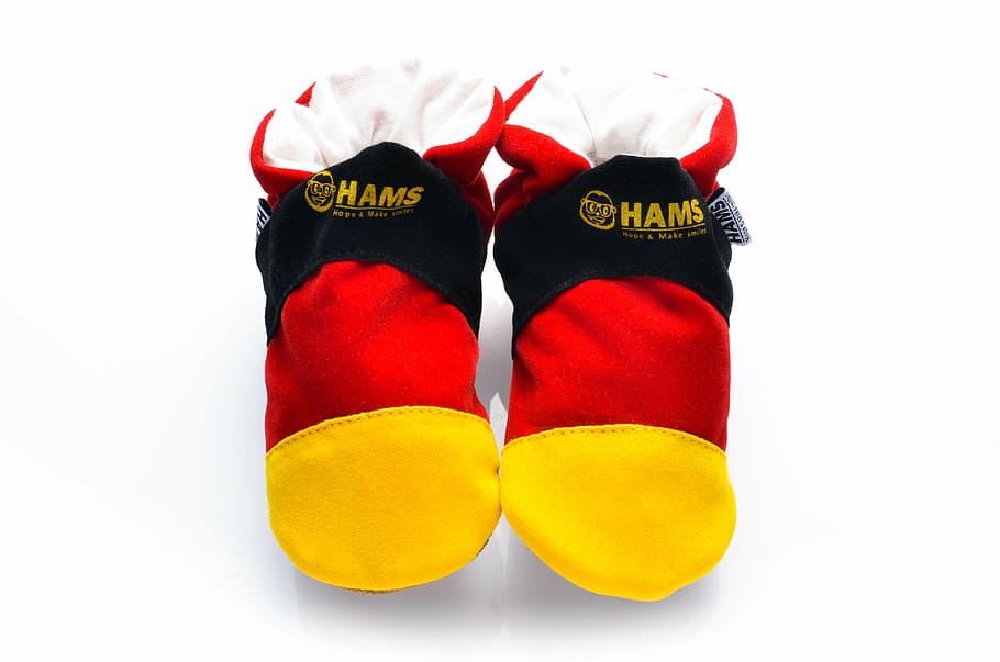 slippers, ham, shoes, baby, shoe, cut out, white background, red, yellow, studio shot