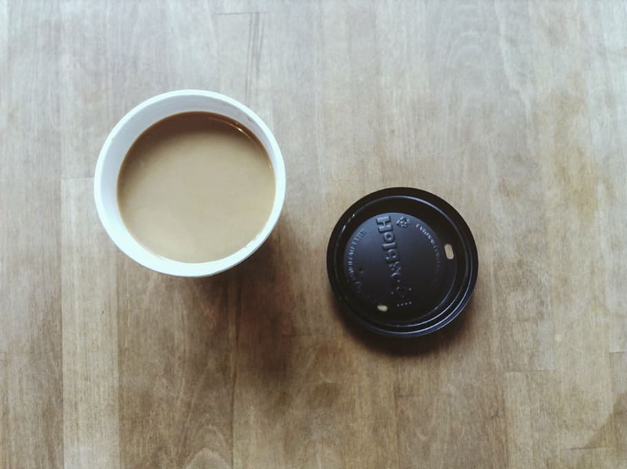 flay, lay, photography, cup, filled, coffee, brown, black, lid, drink