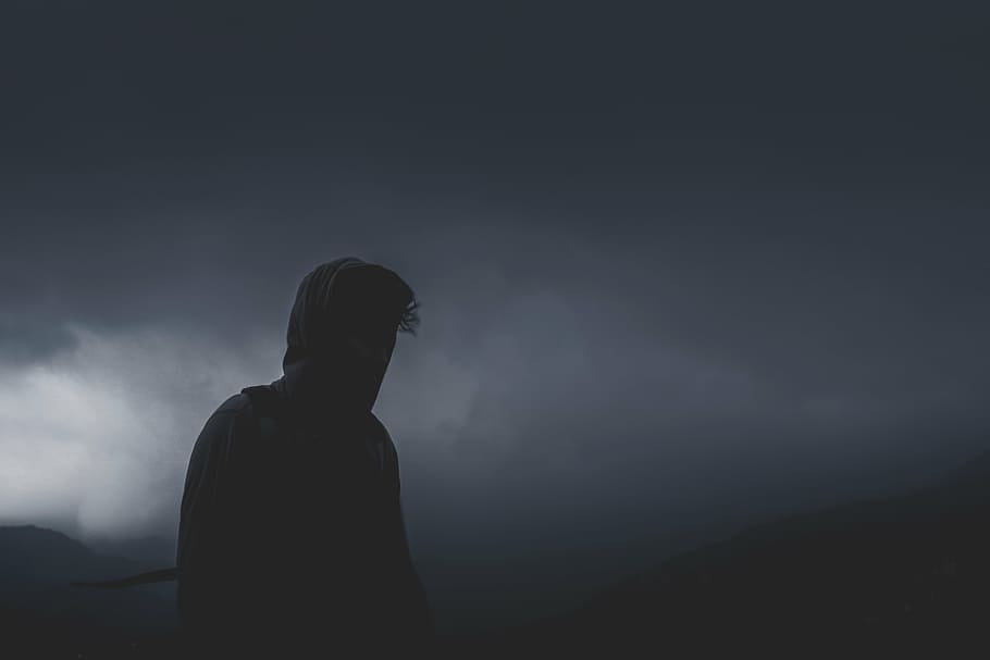 silhouette, man, hoodie, people, guy, dark, clouds, sky, fog, mountain