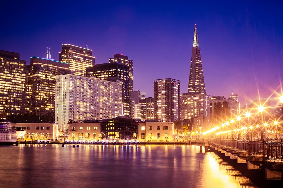 サンフランシスコの高層ビルの街並み, 夜, 素晴らしい, サンフランシスコ, 高層ビル, 街並み, 桟橋, 建築, 湾, 建物