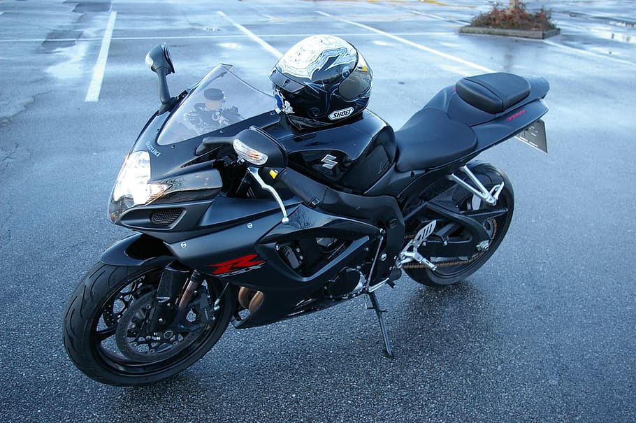 motocicleta, suzuki, gsx-r, vista lateral, k7, negro, transporte, modo de transporte, casco, sombreros