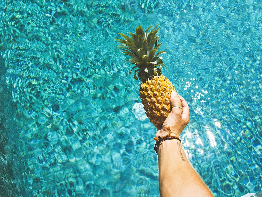 pessoa, segurando, fruta abacaxi, mão, anel, piscina, agua, natação, Comida, frutas