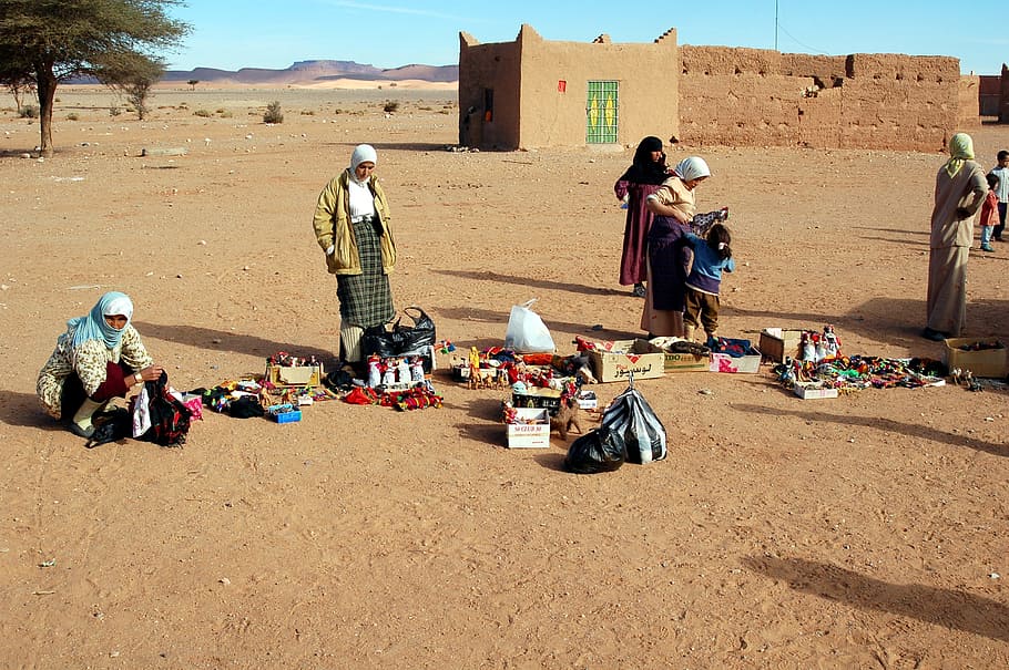 personas, colocación, artículos, al aire libre, Marruecos, África, desierto, arena, paisaje, naturaleza