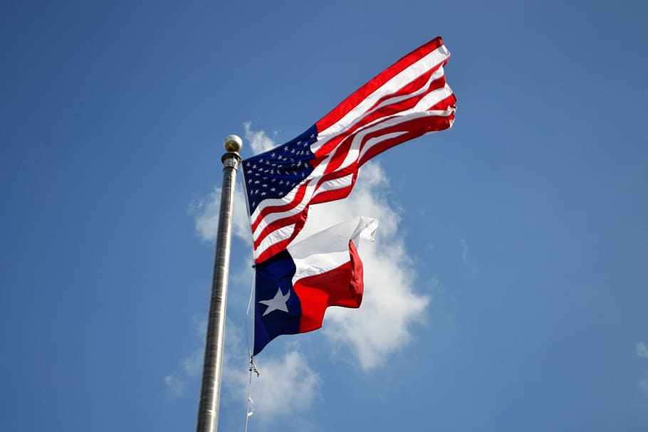 melambaikan, bendera usa, siang hari, bendera texas, bendera amerika, houston, texas, irma relief, katy texas, dallas texas