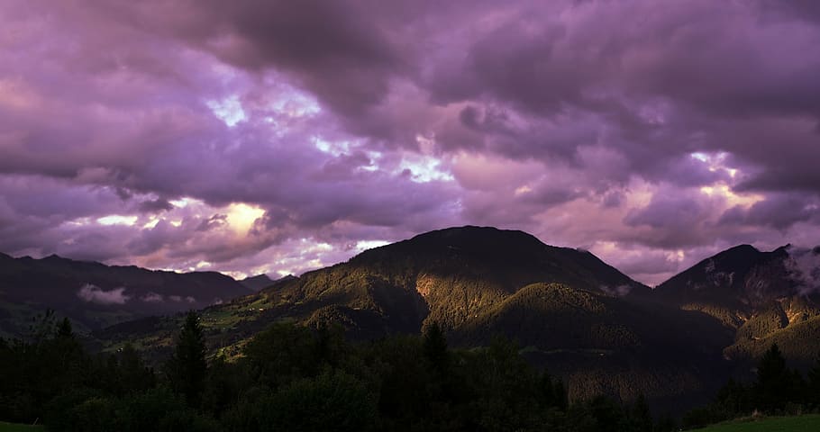 preto, montanhas, roxo, nuvens, paisagem, céu, natureza, clima, iluminação, luz e sombra
