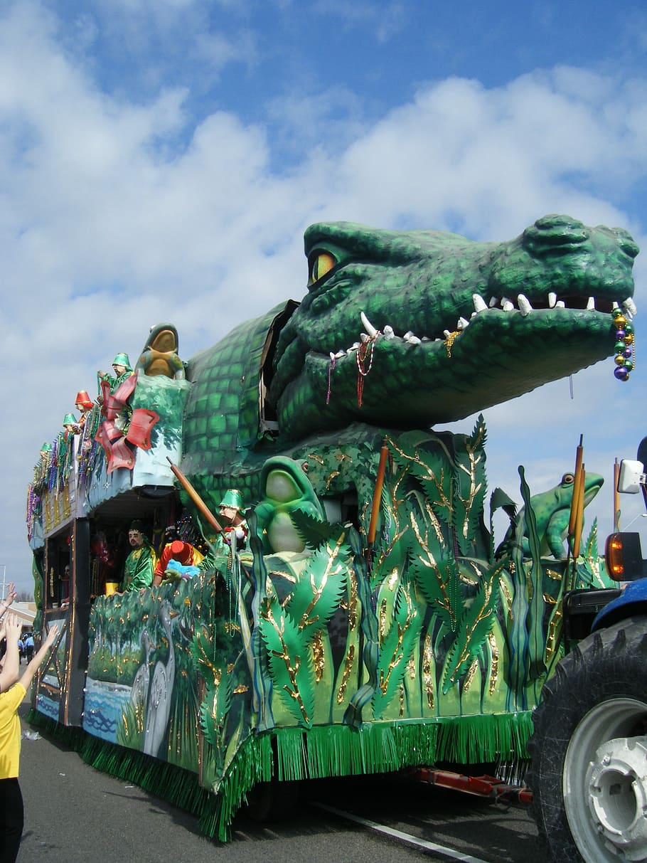 Mardi Gras, New Orleans, Float, alligator, festival, decoration, transportation, only men, adults only, day