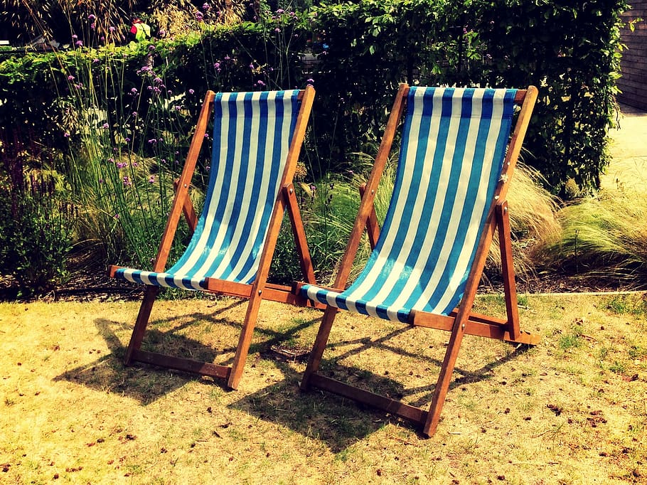 chairs, vacation, holiday, beach, relaxation, leisure, stripes, blue, white, striped