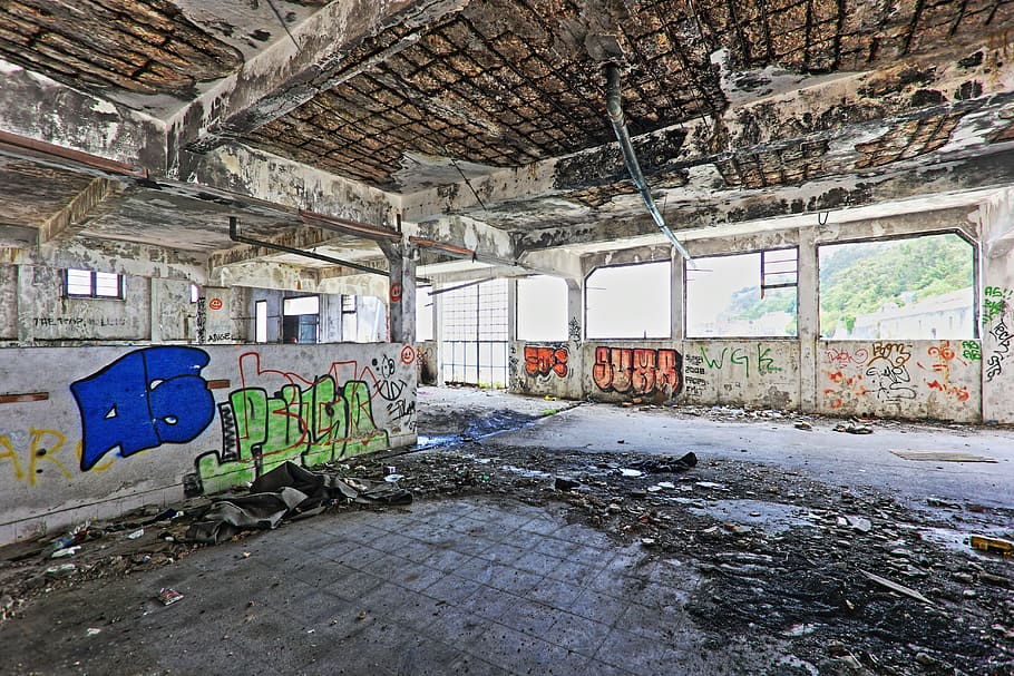 building with graffiti, portugal, lisbon, hdr, ruin, industry, abandoned, architecture, window, built structure