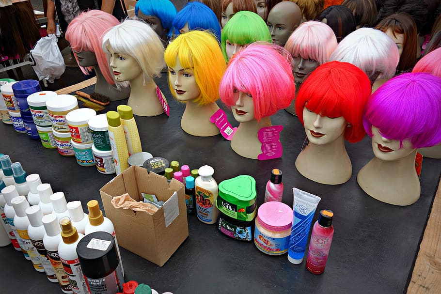 peluca, cabello, muñeca, peinado, moda, mujeres, cabello de belleza, color fluorescente, cabello rojo, cabello verde