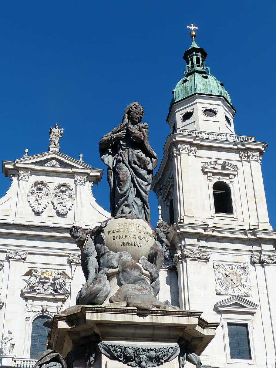 statue, front, church, marian column, pillar, figure, wolfgang hagenauer, johann baptist hagenauer, lead character, globe