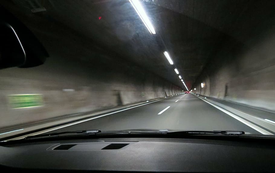 vehicle in tunnel, tunnel, highway, drive, driving, car, auto, automobile, night, road