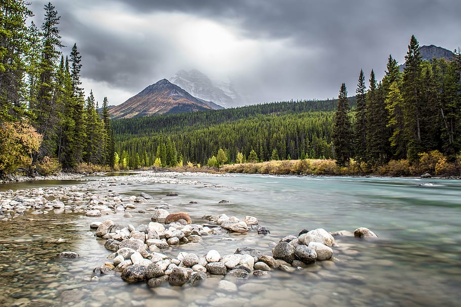 lake, forest, mountain, cloudy, sky, canada, river, banff, water, national park