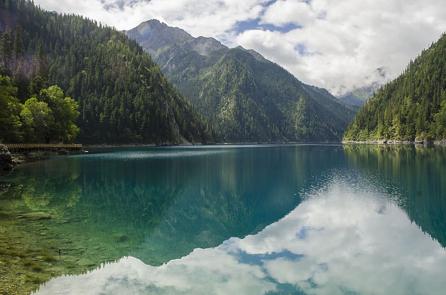 landscape, jiuzhaigou, the scenery, beauty in nature, scenics - nature, mountain, tranquility, tranquil scene, cloud - sky, water