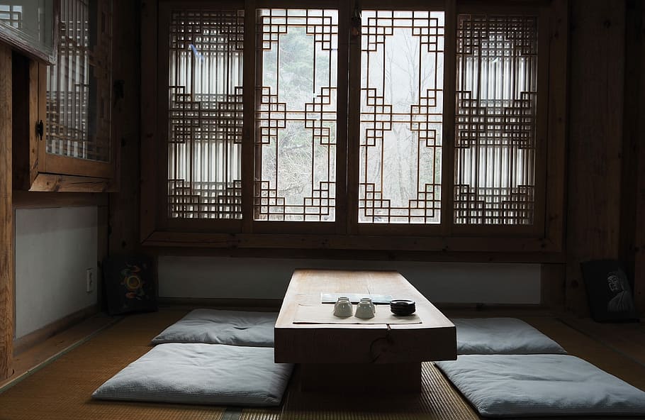 coklat, kayu, meja makan, tradisional, rumah teh, hanok, oriental, interior, desain, di dalam ruangan