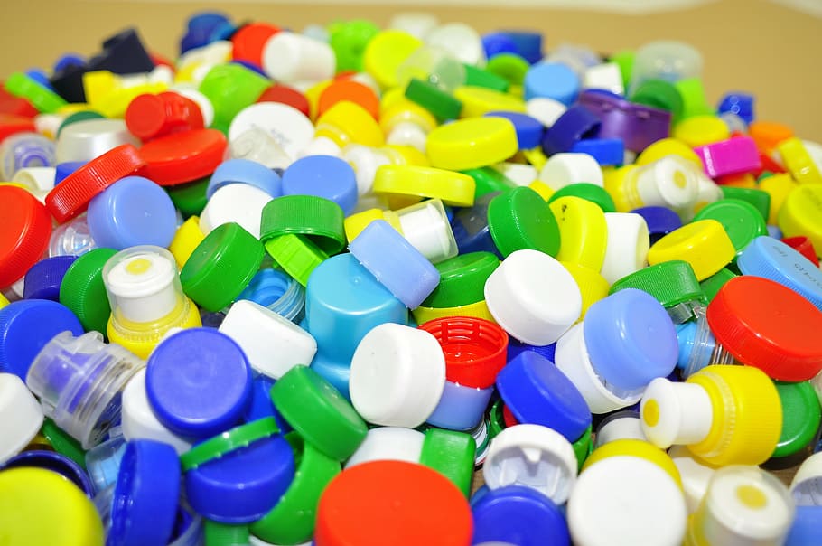 assorted-colored bottle caps, caps, material, recycling, nuts, stack, colorful, the collection of, plastic, round