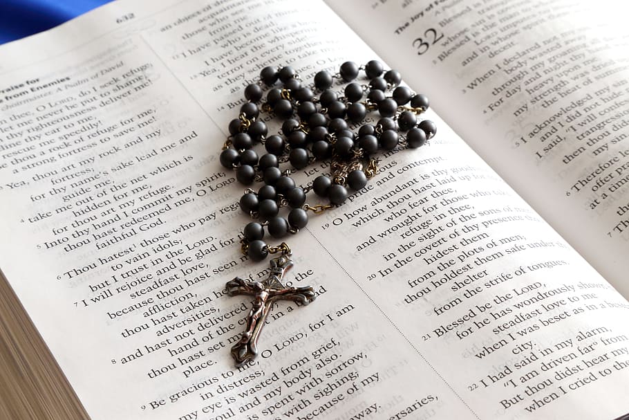 black, silver-colored rosary, bible, rosary, cross, book, christianity, jesus, holy, crucifix