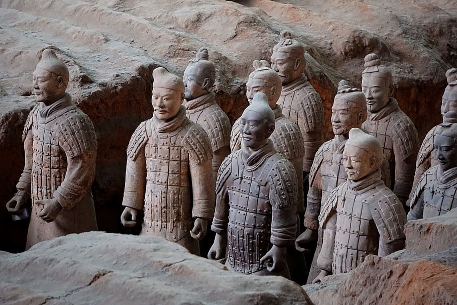 terracotta army, terracotta warriors, terracotta, xi'an, china, sculpture, male likeness, human representation, representation, statue