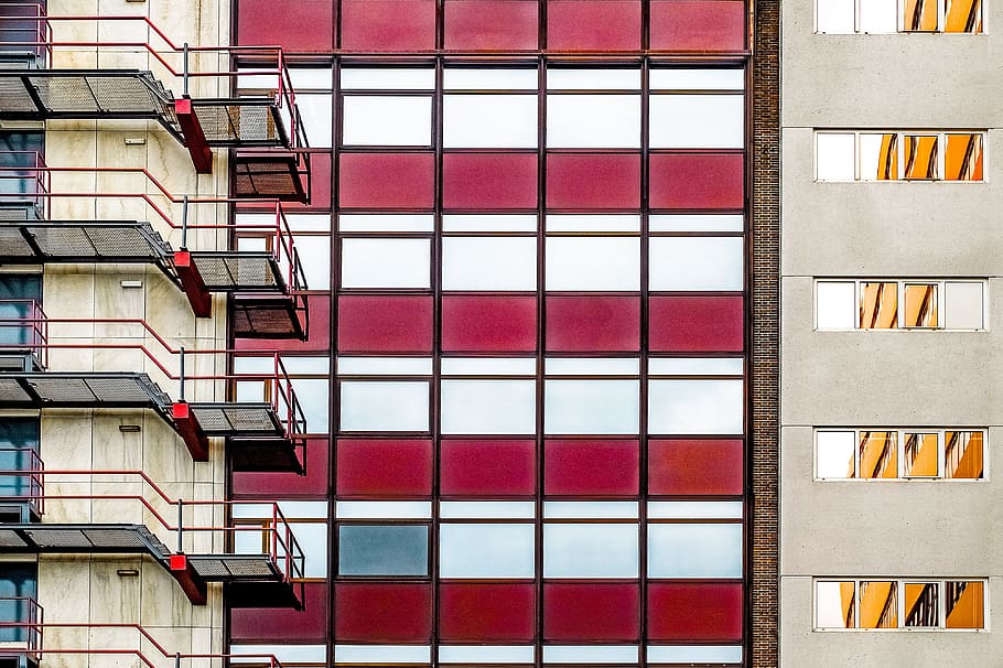building, facade, architecture, glass, red, burgundy, modern, construction, urban, rotterdam