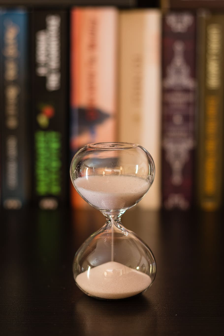 hourglass, library, books, bookshelf, sand, time, sandglass, glass, measure, still life