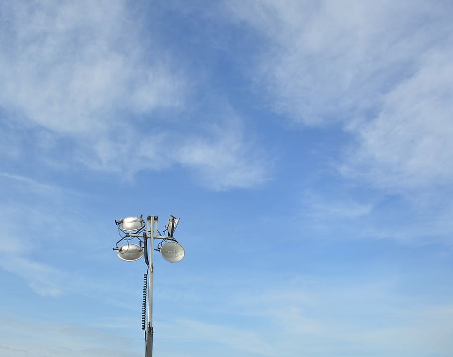 Projector, Light, Lamp, Antena, sky, cloud - sky, low angle view, blue, technology, lighting equipment