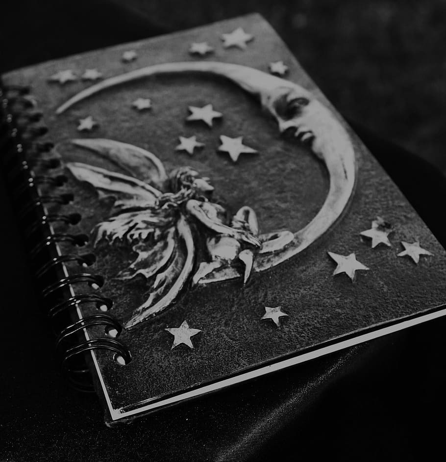 black, gray, notebook, embossed, crescent moon, fairy, design, grayscale, photography, pagan