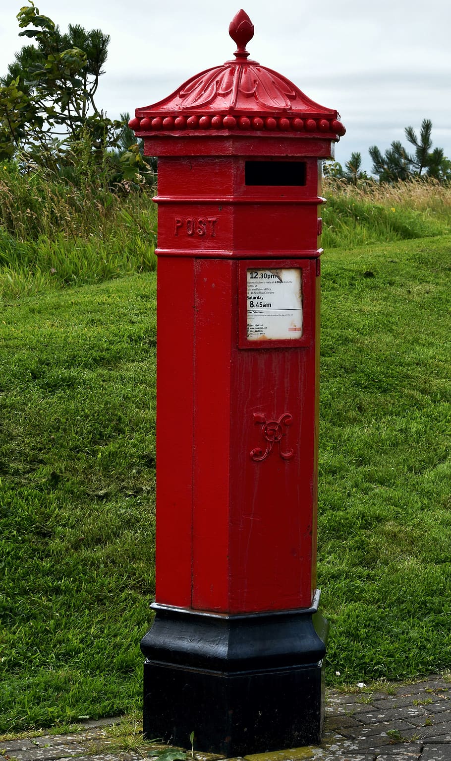 post box, royal mail, northern ireland, bright red, antique, red, grass, communication, mailbox, plant