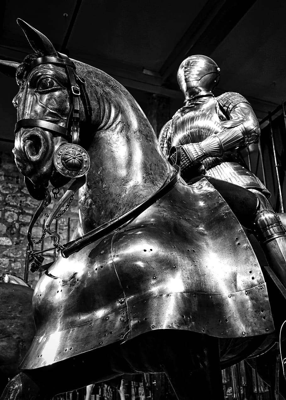 grayscale photography, person, armor, riding, horse statue, armour, horse, knight, medieval, soldier