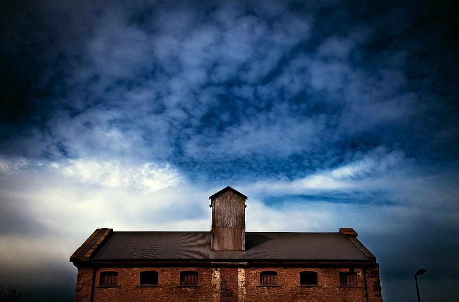 landscape photography, brown, stone house, night, warehouse, industrial, sky, cloudy, building, brick