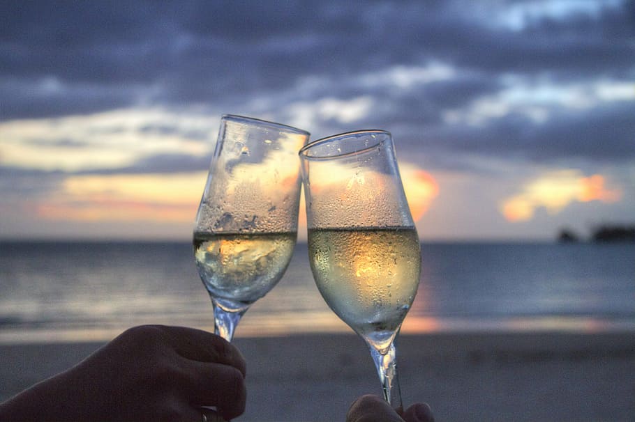 selective, focus photography, two, clear, flute glasses, glasses, sparkling wine, cheers, sun set, evening