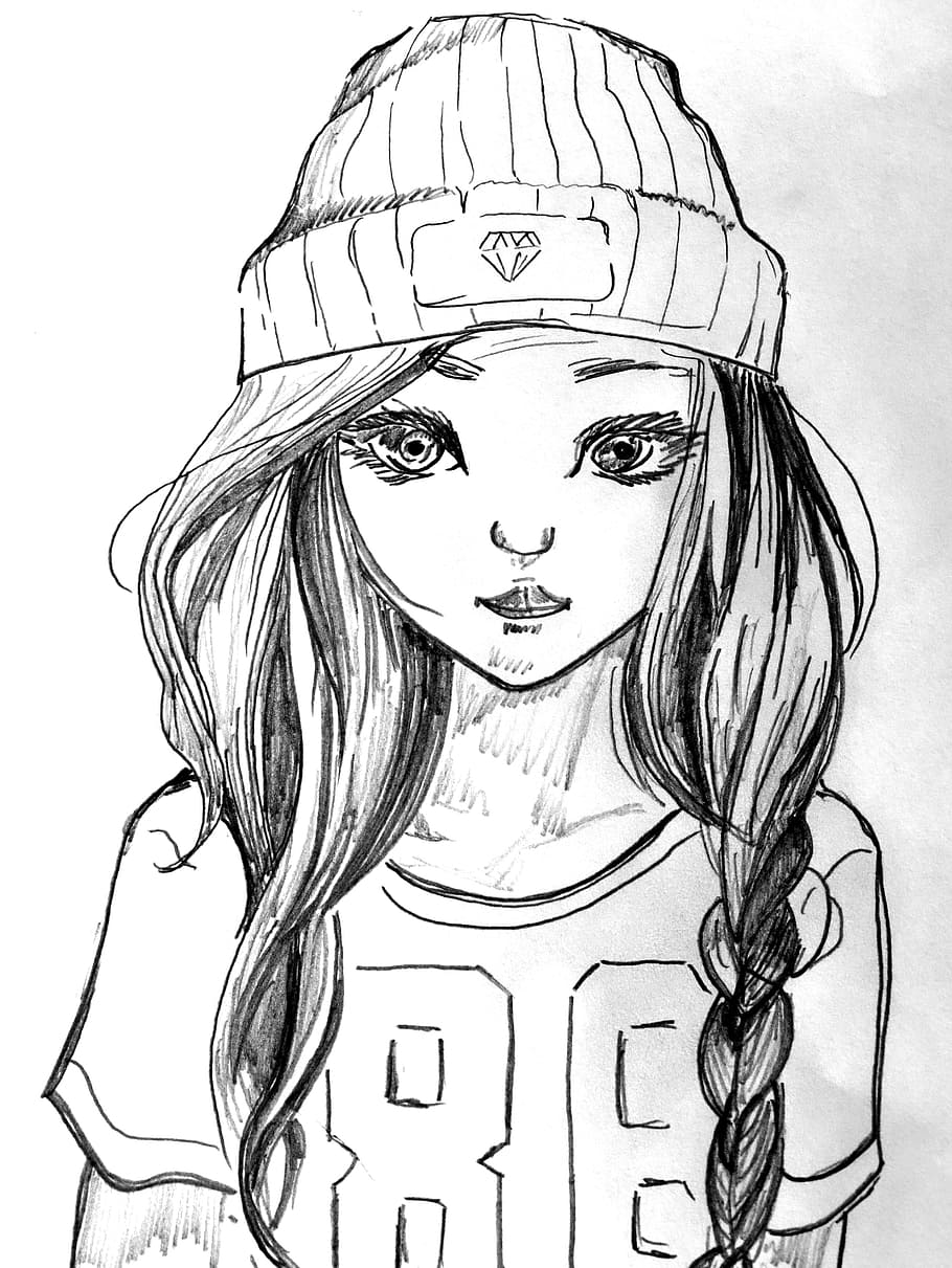 girl, wearing, knit, cap sketch portrait, cap, t shirt, drawing, young, long hair, art and craft