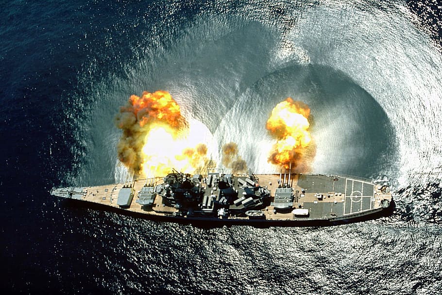 brown, grey, warship, uss iowa, ship, us naval vessel, muzzle flash, air pressure, big guns, explosion