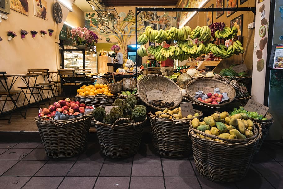 tienda de frutas, noche, exóticas, fruta, tienda, por la noche, asiático, plátano, durian, mercado