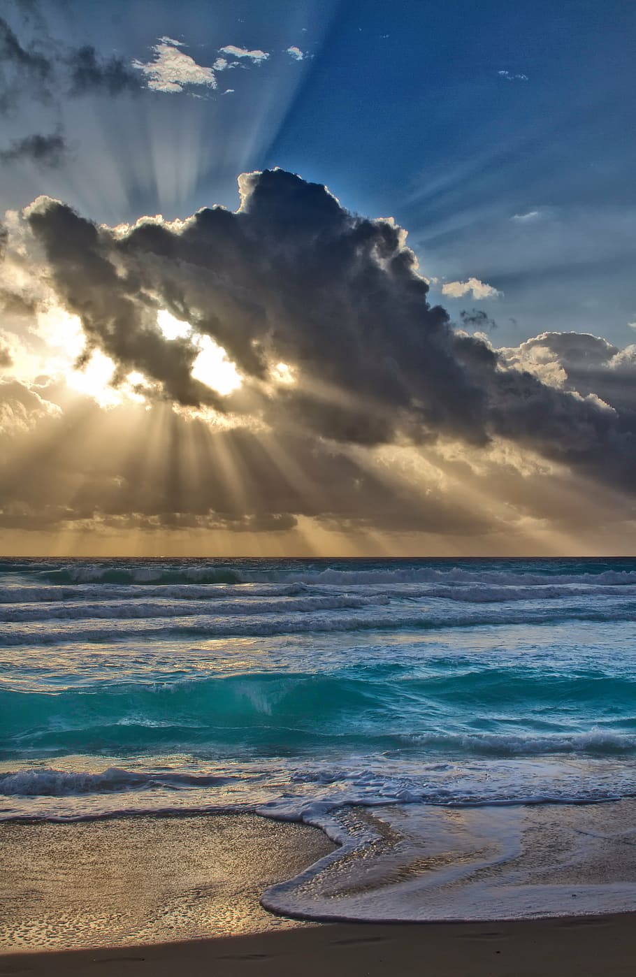 seashore, mid-cloudy sky, landscape, sun, beach, sea, sunrise, panorama, cloud, blue