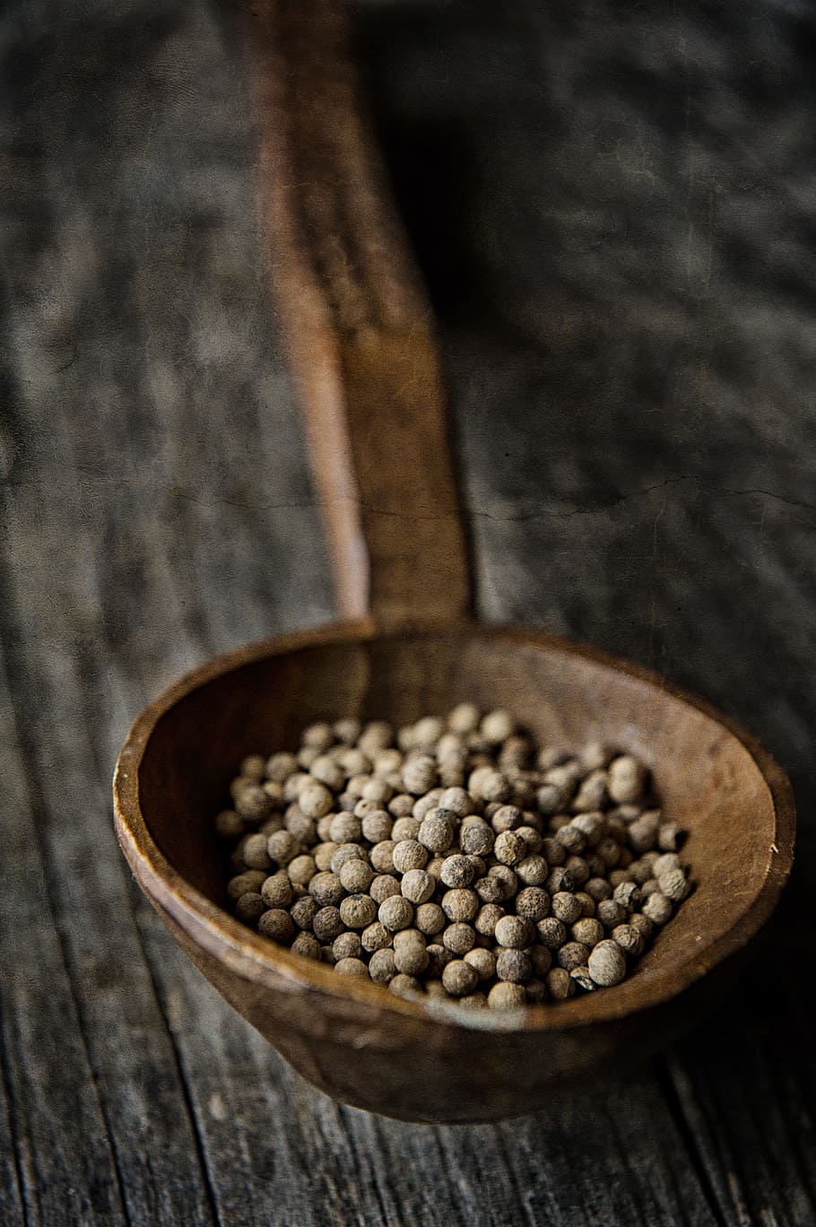brown, cornpepper, ladle, close-up, food, peppercorns, spoon, table, wooden, food and drink