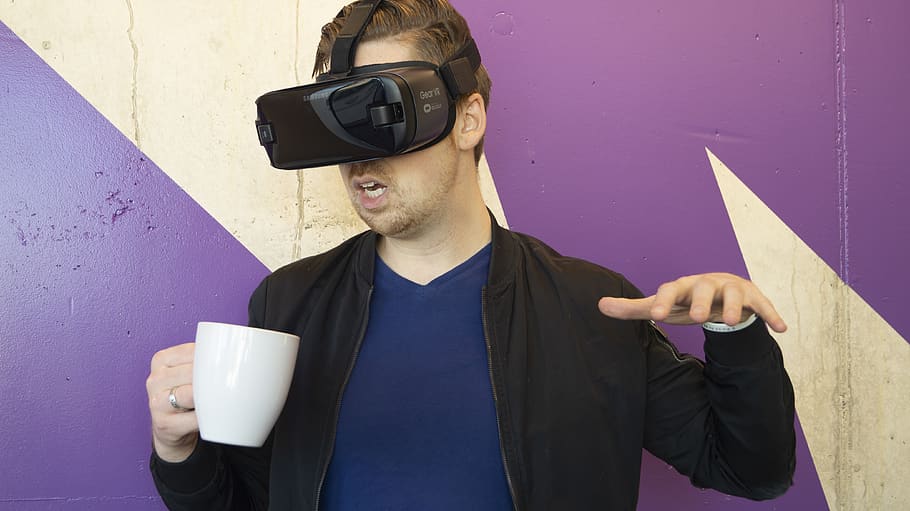 vr, virtual reality, manusia, teknologi, kemeja biru, hmd, headset, oculus, mata, futuristik