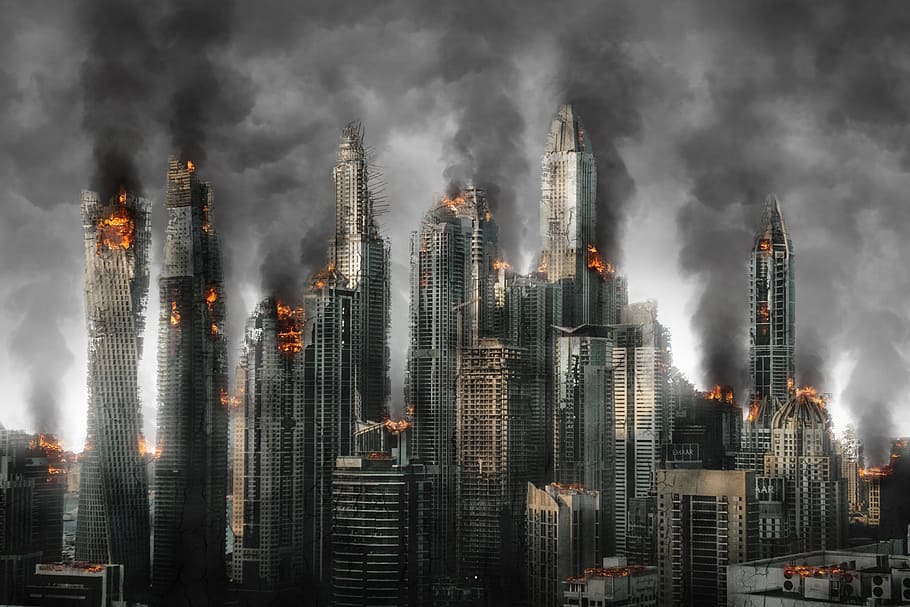 burned high-rise buildings, armageddon, disaster, destruction, war, abandoned, damage, architecture, apocalypse, devastation