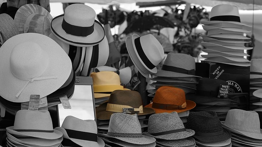 sombreros, puesto de venta, puesto en el mercado, sombrero de panamá, clave de color, verona, sombrero para el sol, sombrero de verano, italia, sombrero