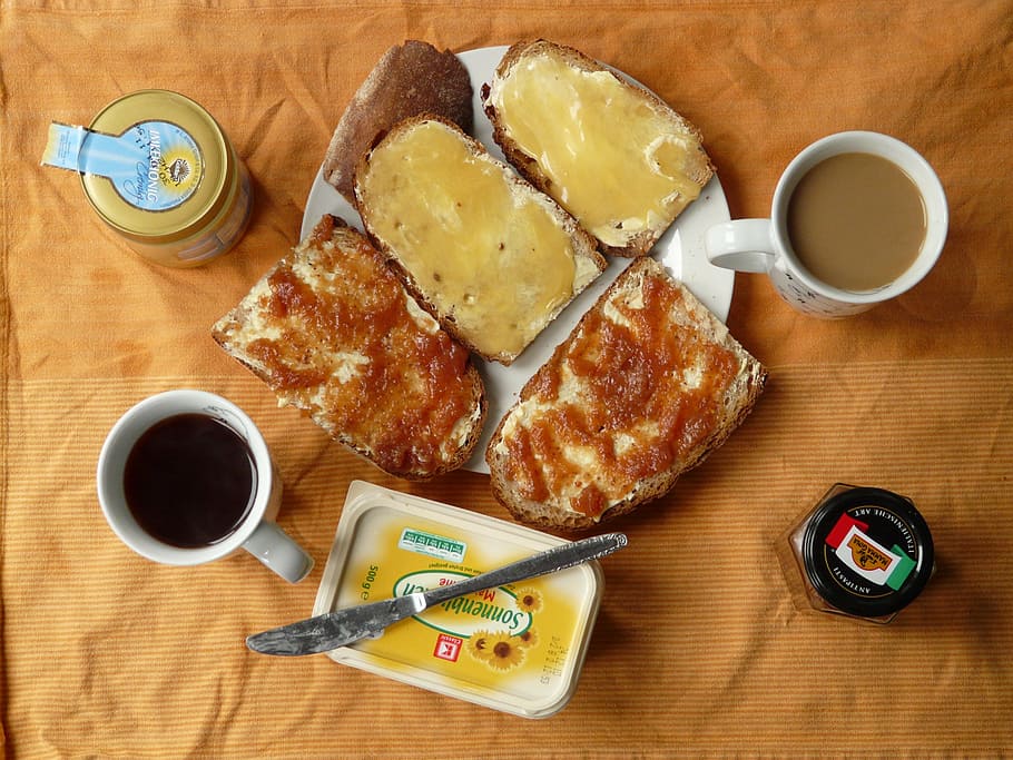 ceramic, mug, filled, coffee, breakfast, eat, morning, honey, honey bread, jam