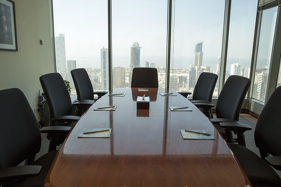 brown, wooden, conference table, inside, room, iocenters, meeting room, kuwait city, chair, seat