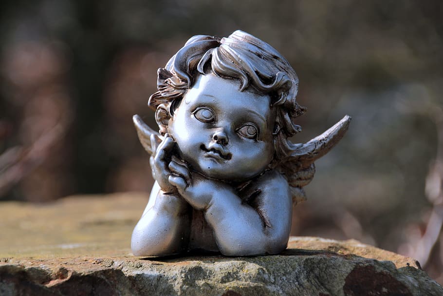 gray, steel cherub mini figure, brown, rock, angel, consolation, mourning, statue, angel figure, memorial