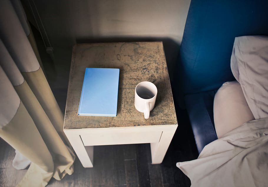 coffee, blue, notepad, bed, table, hotel, room, bedroom, indoors, technology