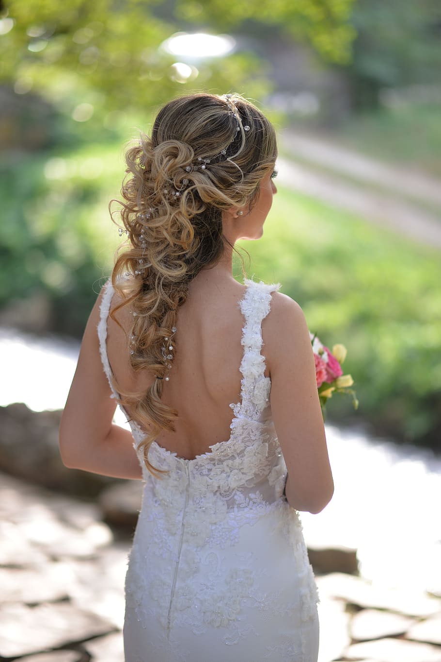 woman, wearing, white, wedding gown, bride, wedding, hair, bridal, women, focus on foreground