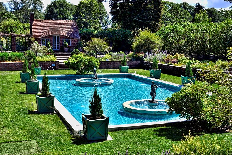 garden, dug-out pool, summer, lawn, luxury, plant, water, tree, nature, grass