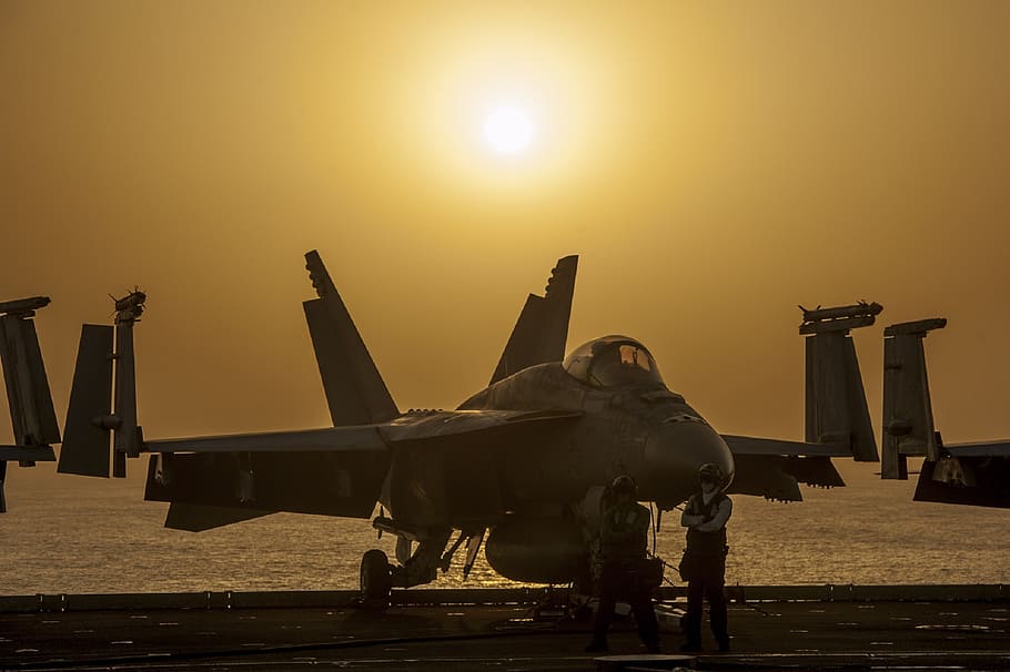 military jet, sunset, silhouette, aircraft, f-18, super hornet, crew, plane, fighter, airplane