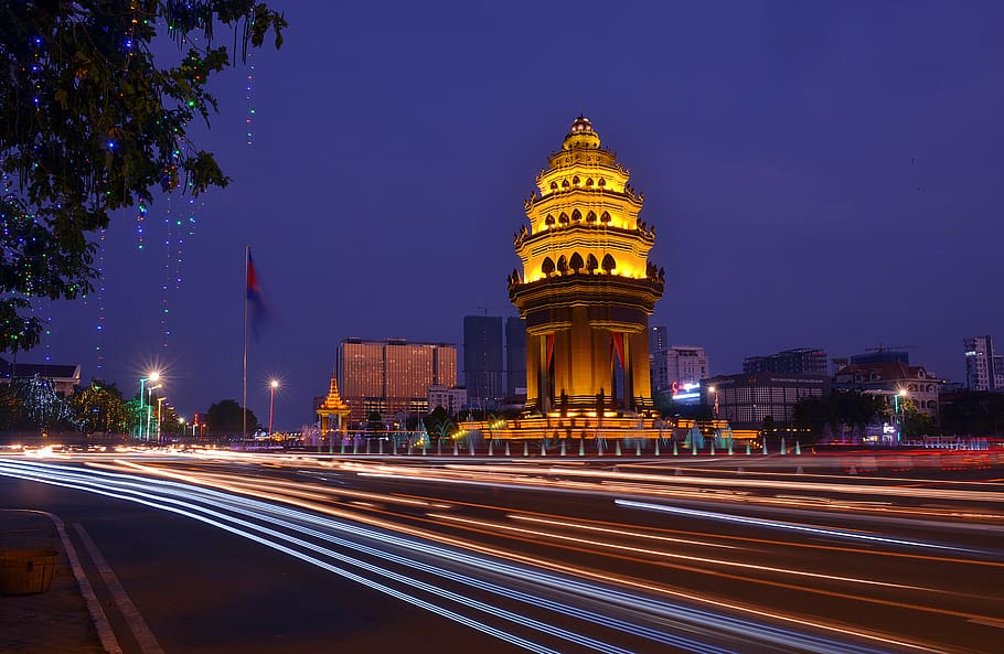 blue hour, sunset, long exposure, phnom penh, independence, skyline, capital, culture, cityscape, traffic
