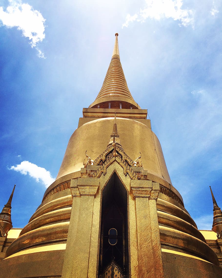thailand, big palace, jade buddha temple, religion, belief, spirituality, low angle view, sky, place of worship, cloud - sky