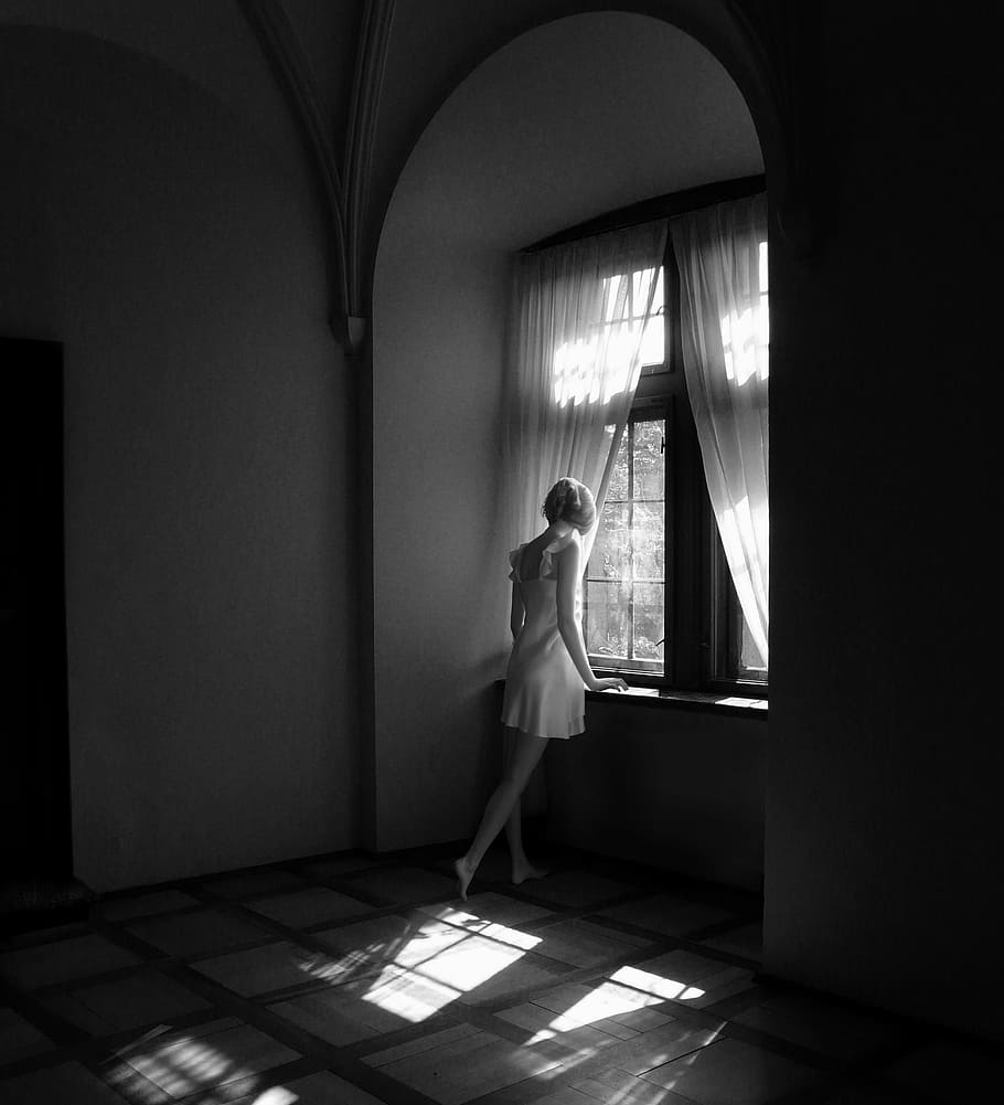 woman, wearing, white, dress, window, curtain, black and white, girl, light, the darkness