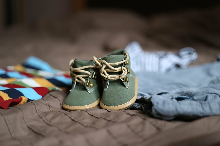 pair, toddler, green-and-brown suede work boots, shoes, pregnancy, child, clothing, family, darling, shoe