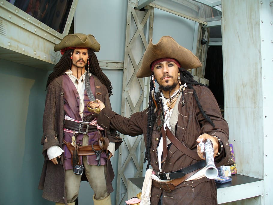 two, men, wearing, jack, sparrow costumes, Pirate, Movie, Caribbean, Bandit, pirate, movie