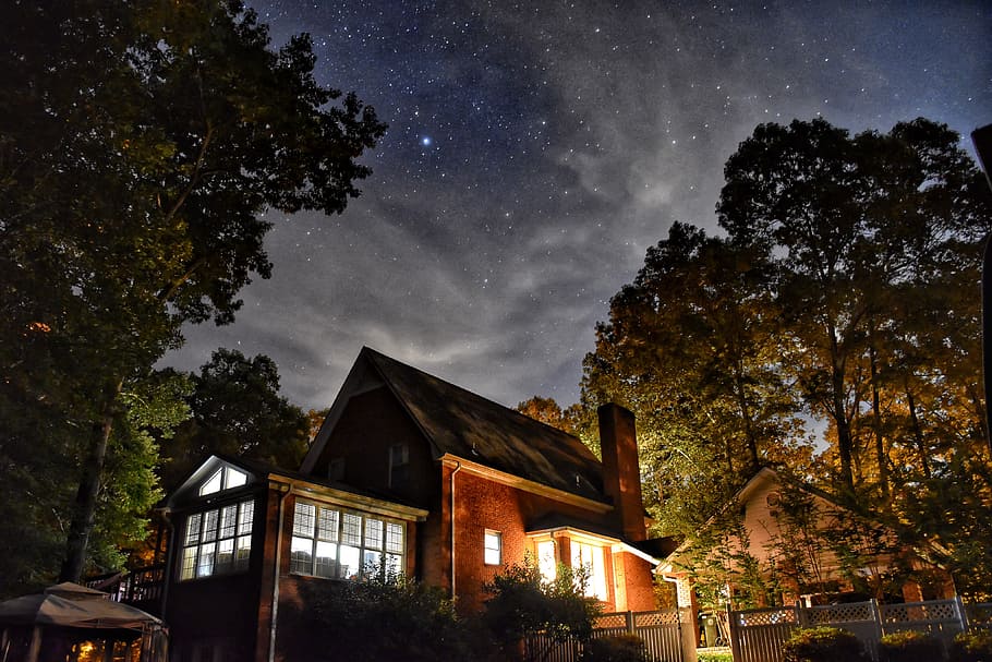 Trying, Out, Real, Camera, house, surrounded, tall, trees, night, time